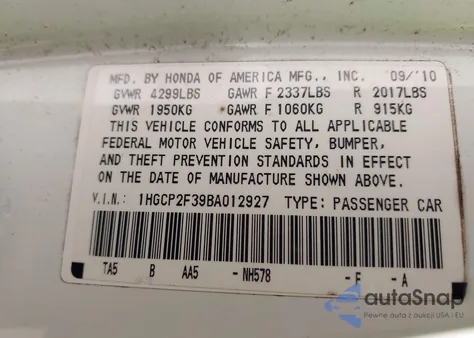2011 Honda Accord 2.4 Lx z USA, uszkodzony, nr VIN 1HGCP2F39BA012927